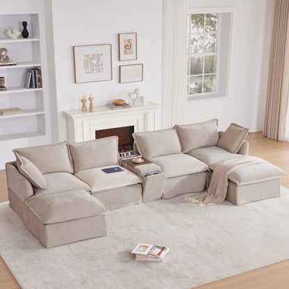 Roomfitters U-Shaped Sectional Sofa with Ottoman, Console and Cup Holder, Chenille 6-Seat Couch with USB Charger
