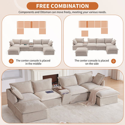 Roomfitters U-Shaped Sectional Sofa with Ottoman, Console and Cup Holder, Chenille 6-Seat Couch with USB Charger