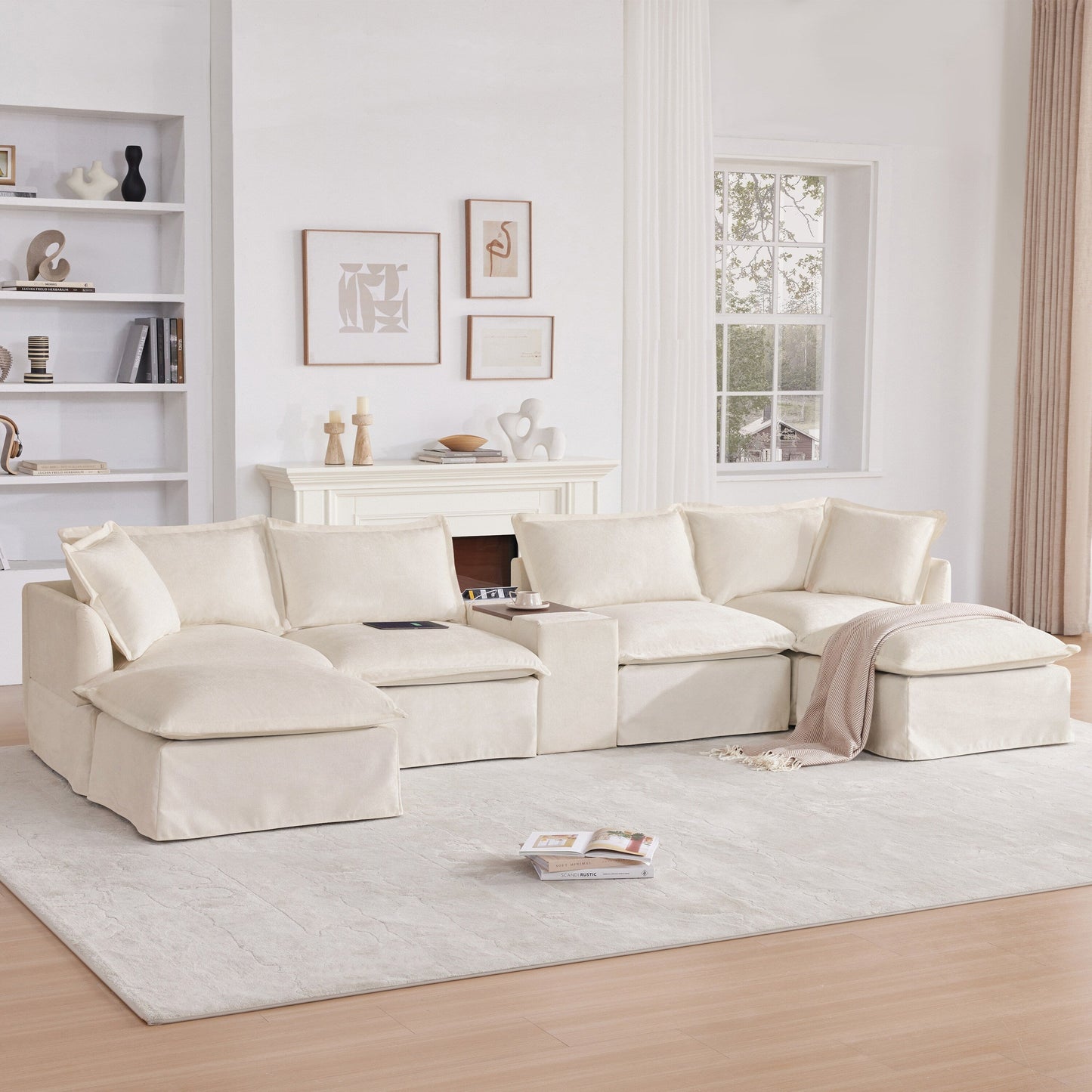 Roomfitters U-Shaped Sectional Sofa with Ottoman, Console and Cup Holder, Chenille 6-Seat Couch with USB Charger