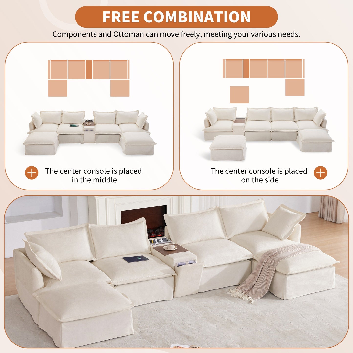 Roomfitters U-Shaped Sectional Sofa with Ottoman, Console and Cup Holder, Chenille 6-Seat Couch with USB Charger