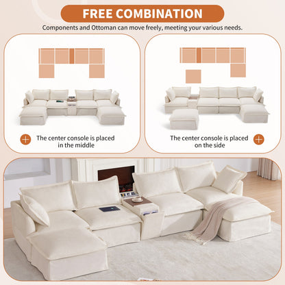 Roomfitters U-Shaped Sectional Sofa with Ottoman, Console and Cup Holder, Chenille 6-Seat Couch with USB Charger