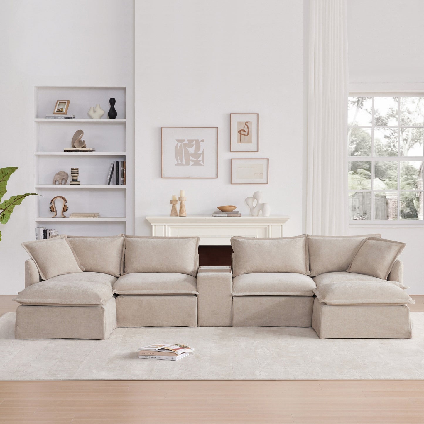 Roomfitters U-Shaped Sectional Sofa with Ottoman, Console and Cup Holder, Chenille 6-Seat Couch with USB Charger
