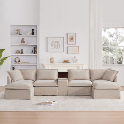 Roomfitters U-Shaped Sectional Sofa with Ottoman, Console and Cup Holder, Chenille 6-Seat Couch with USB Charger
