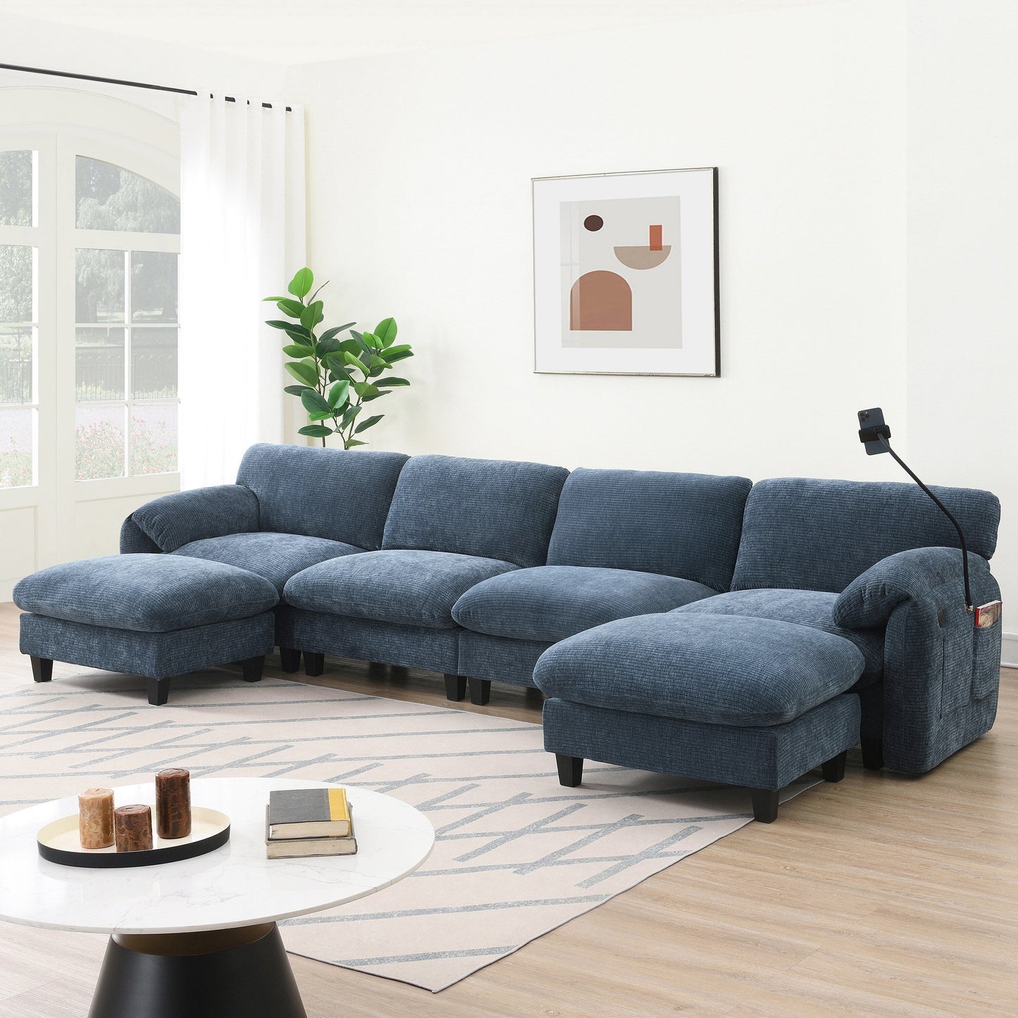 Roomfitters U-Shaped Striped Chenille Sofa with Extra-Wide Seat, USB Type-C Charger, Phone Holder and Ottoman