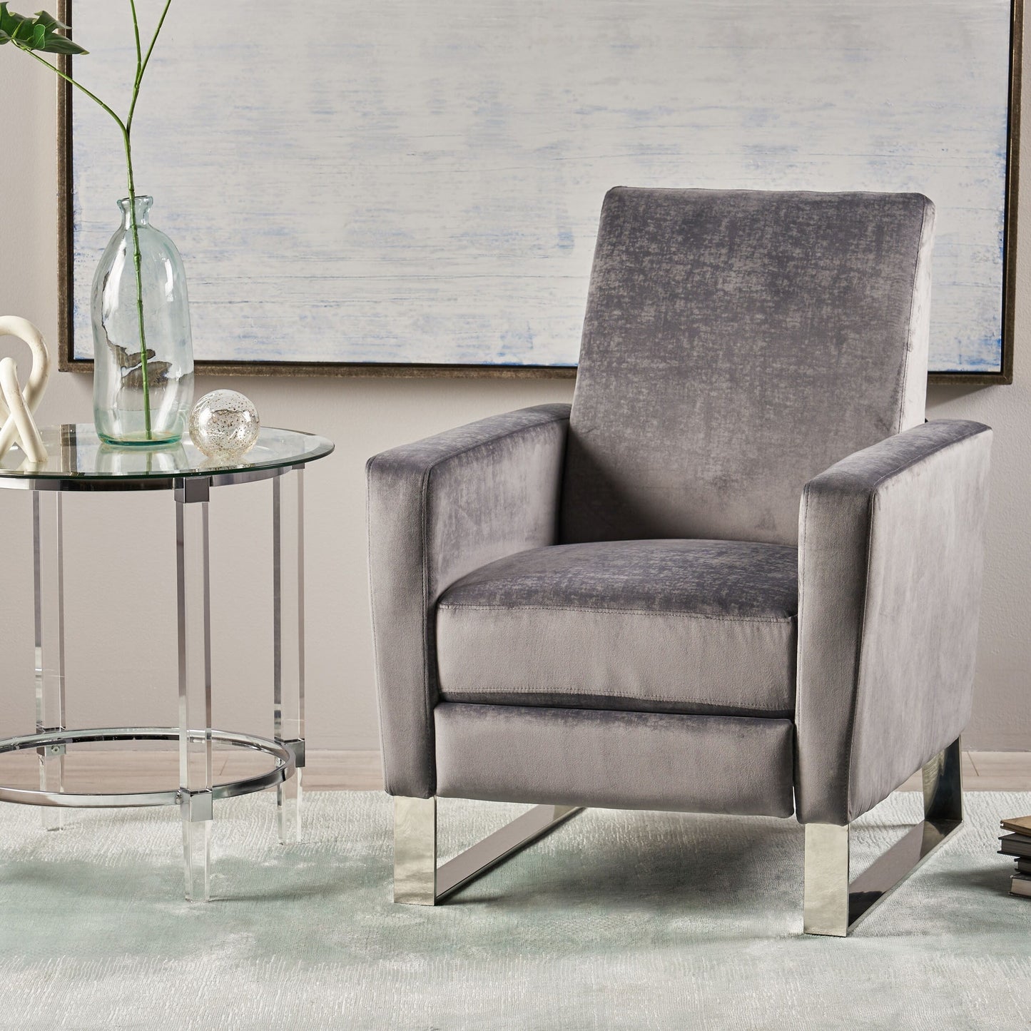 Roomfitters Velvet Push-Back Recliner Chair with Chrome Legs, Modern Accent Chair for Living Room