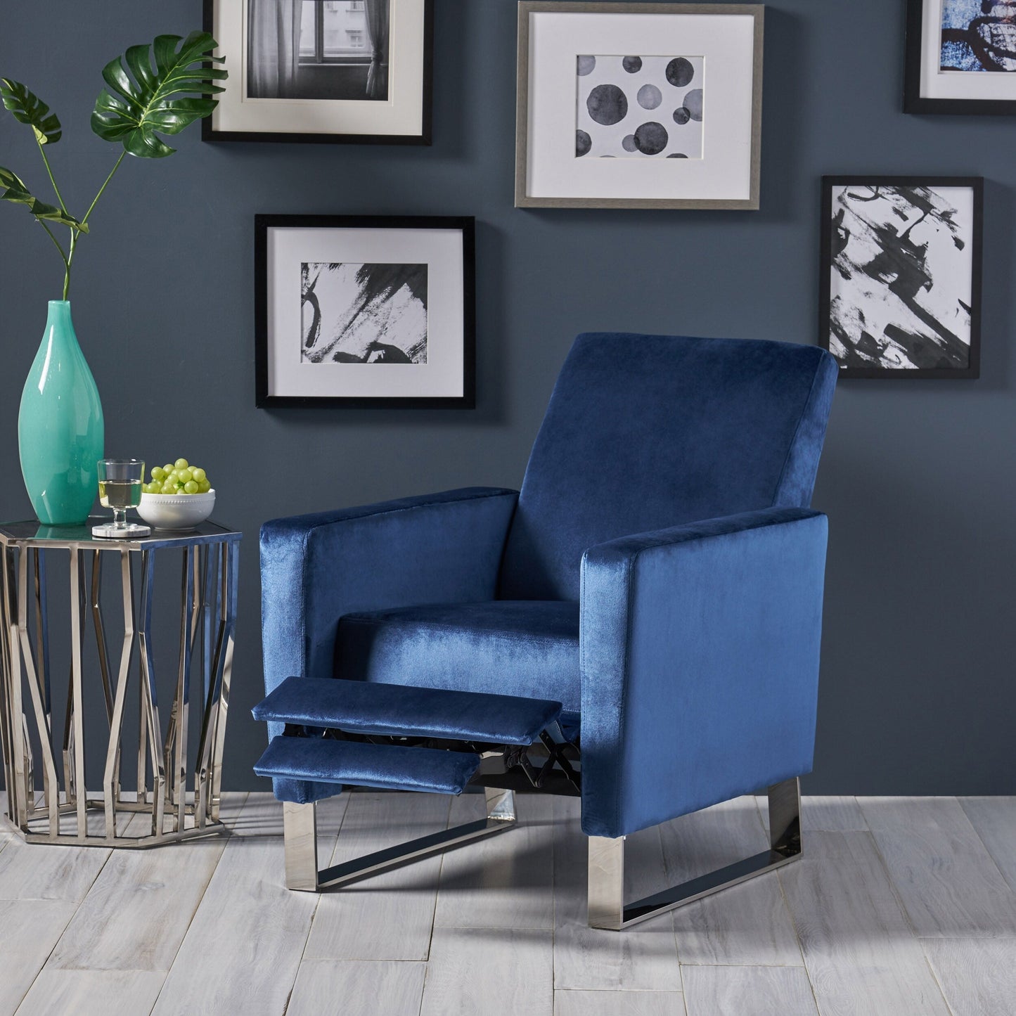 Roomfitters Velvet Push-Back Recliner Chair with Chrome Legs, Modern Accent Chair for Living Room