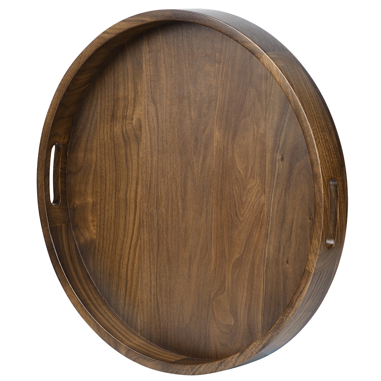 KINWELL Round Black Walnut Wood Serving Tray Ottoman Tray with Handles