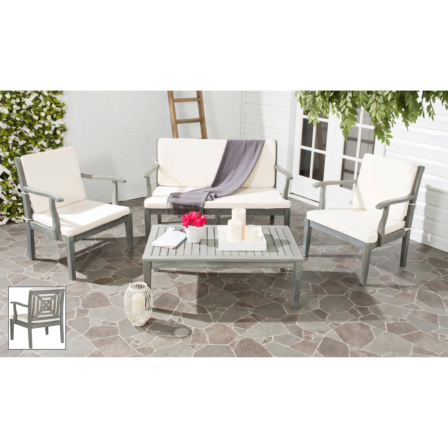 SAFAVIEH Outdoor Living Del Mar Brown Acacia Wood 4-piece Beige Cushion Patio Set - 48W x 25D x 32H