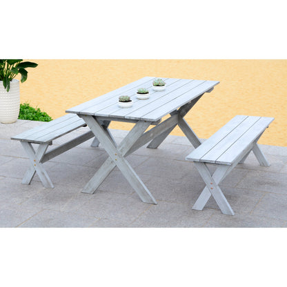 SAFAVIEH Outdoor Living Marina Grey 3-piece Table and Bench Dining Set - 35W x 59D x 30H