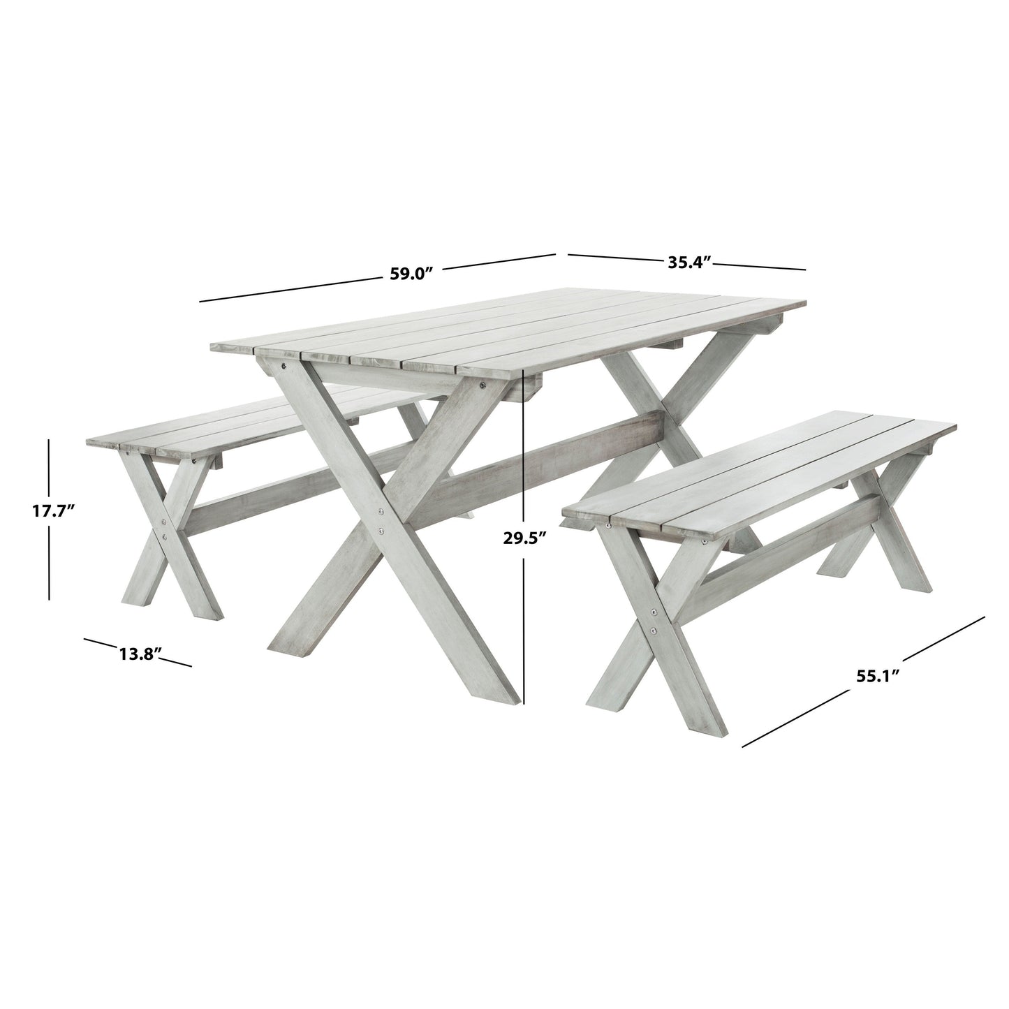 SAFAVIEH Outdoor Living Marina Grey 3-piece Table and Bench Dining Set - 35W x 59D x 30H