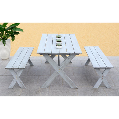 SAFAVIEH Outdoor Living Marina Grey 3-piece Table and Bench Dining Set - 35W x 59D x 30H