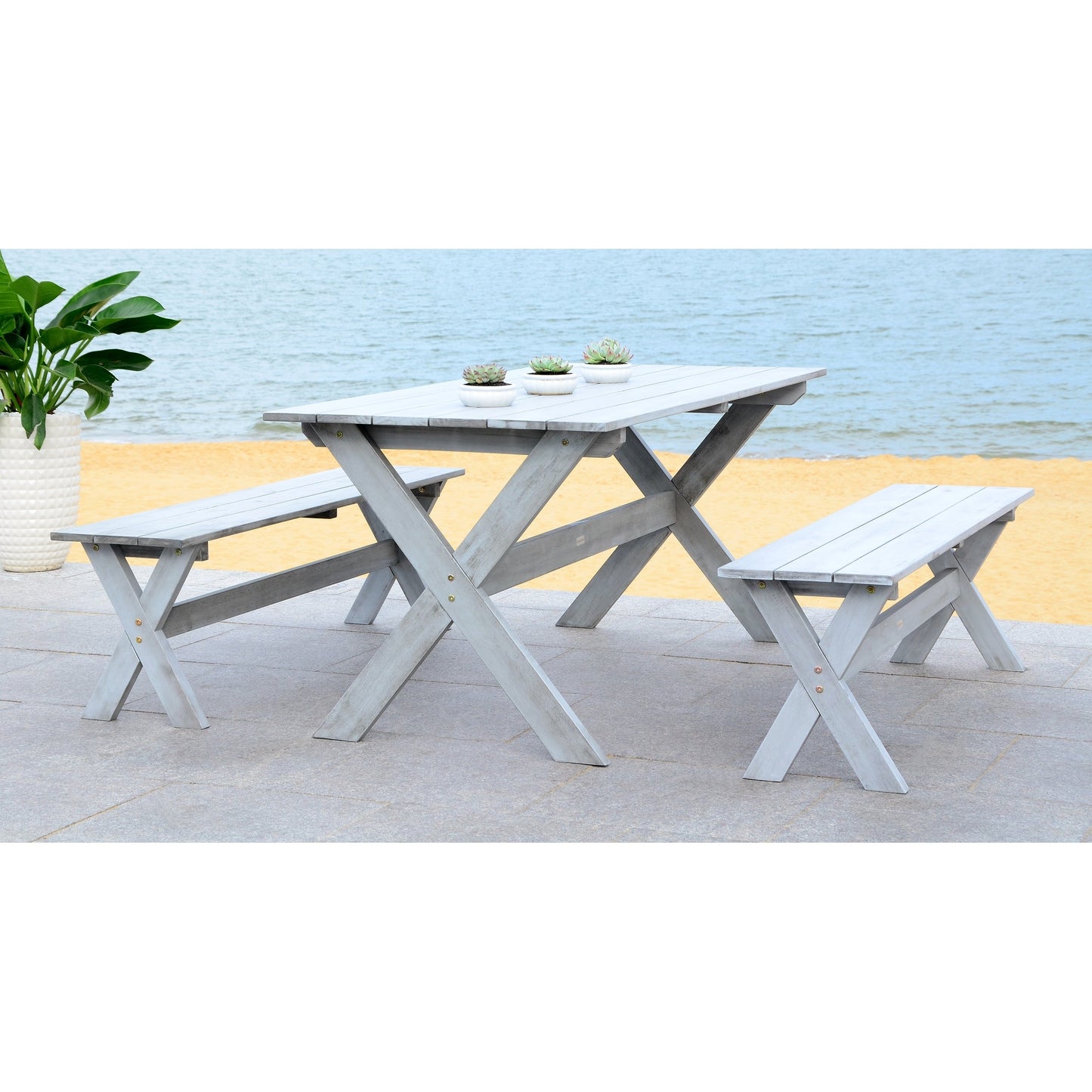 SAFAVIEH Outdoor Living Marina Grey 3-piece Table and Bench Dining Set - 35W x 59D x 30H