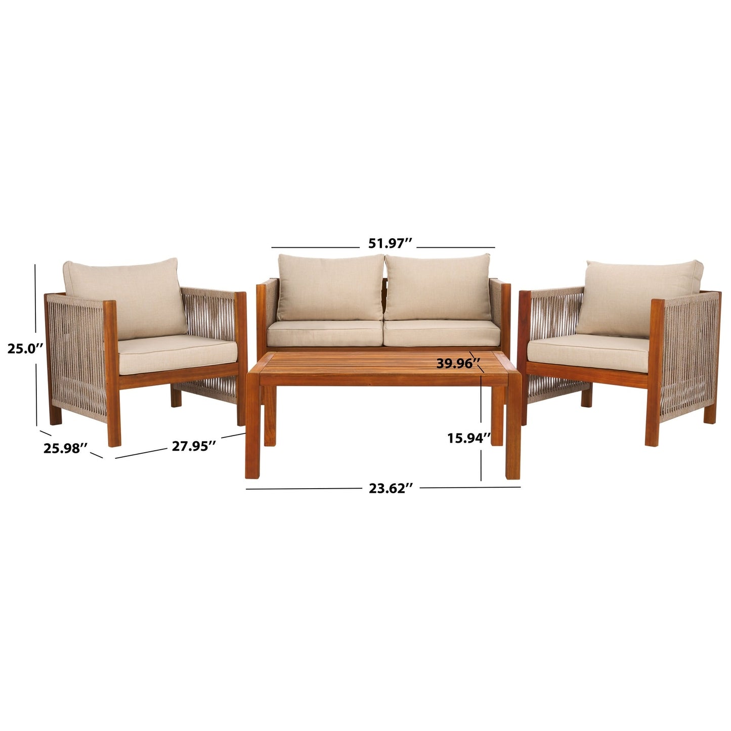 SAFAVIEH Outdoor Patio Furniture Roya 4-Piece Living Set - 52W x 26D x 25H