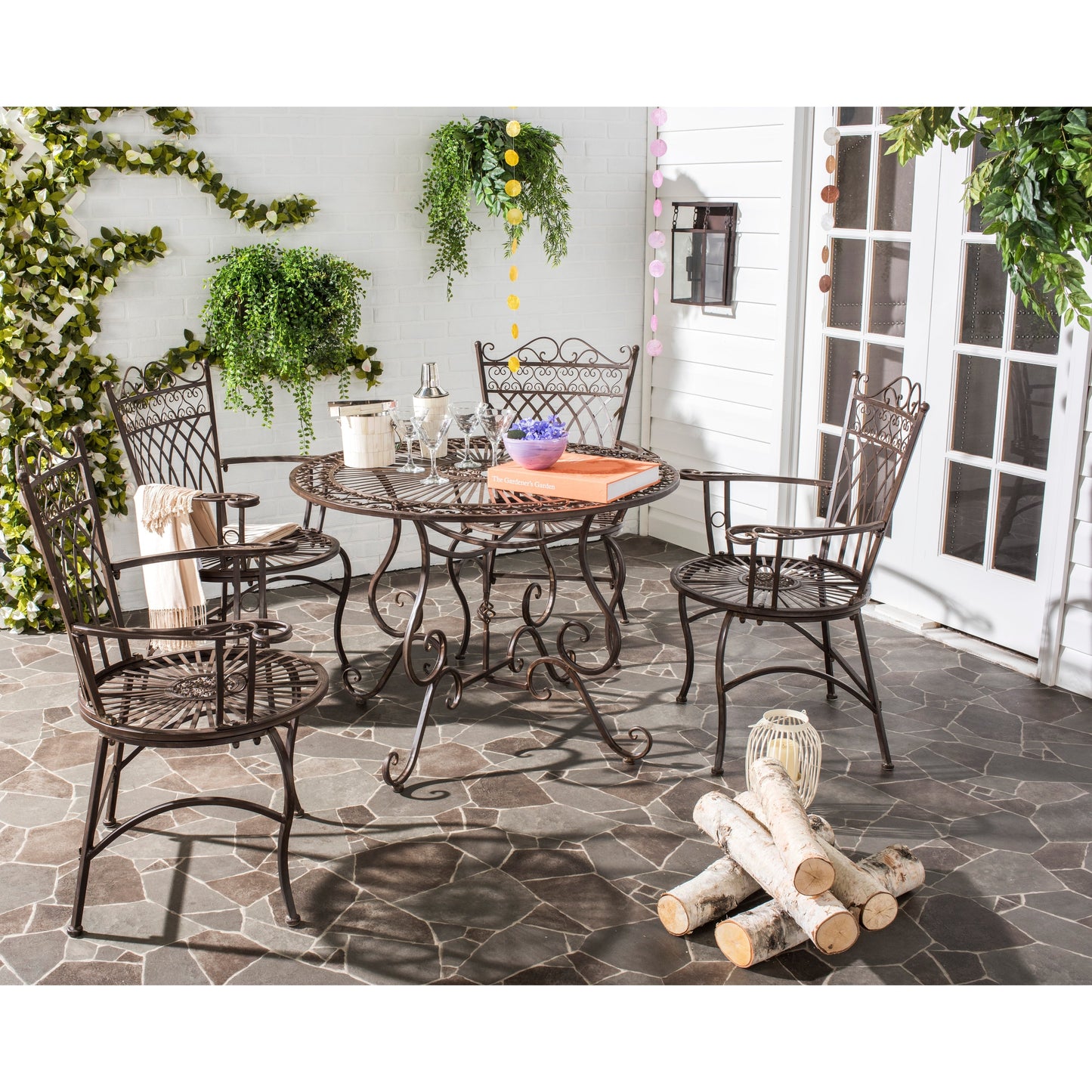 SAFAVIEH Outdoor Living Thessaly Victorian Scroll Iron 5-Piece Dining Set - 39W x 39D x 29H