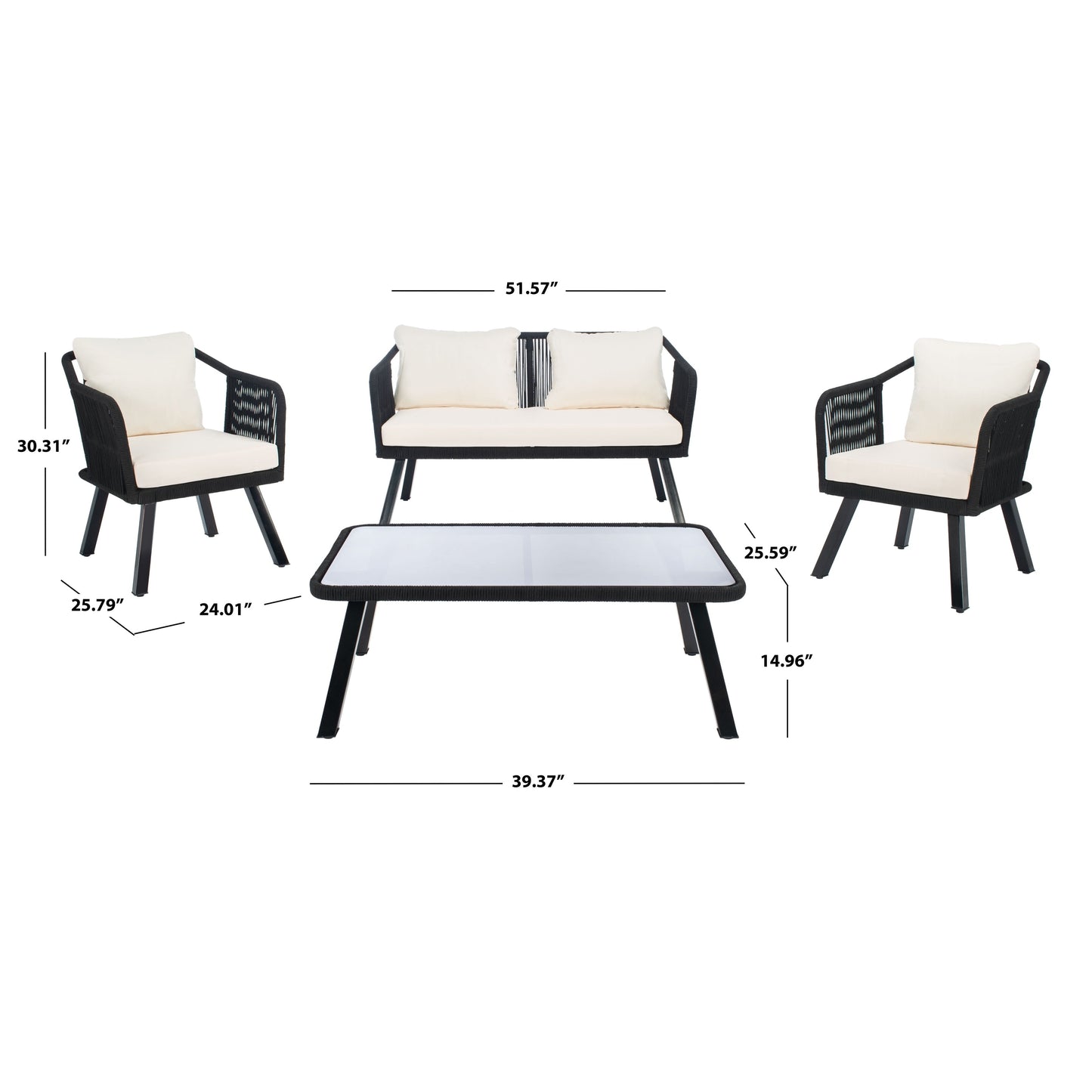 SAFAVIEH Outdoor Living Torsla 4-Piece Rope Patio Set - 52W x 26D x 30H