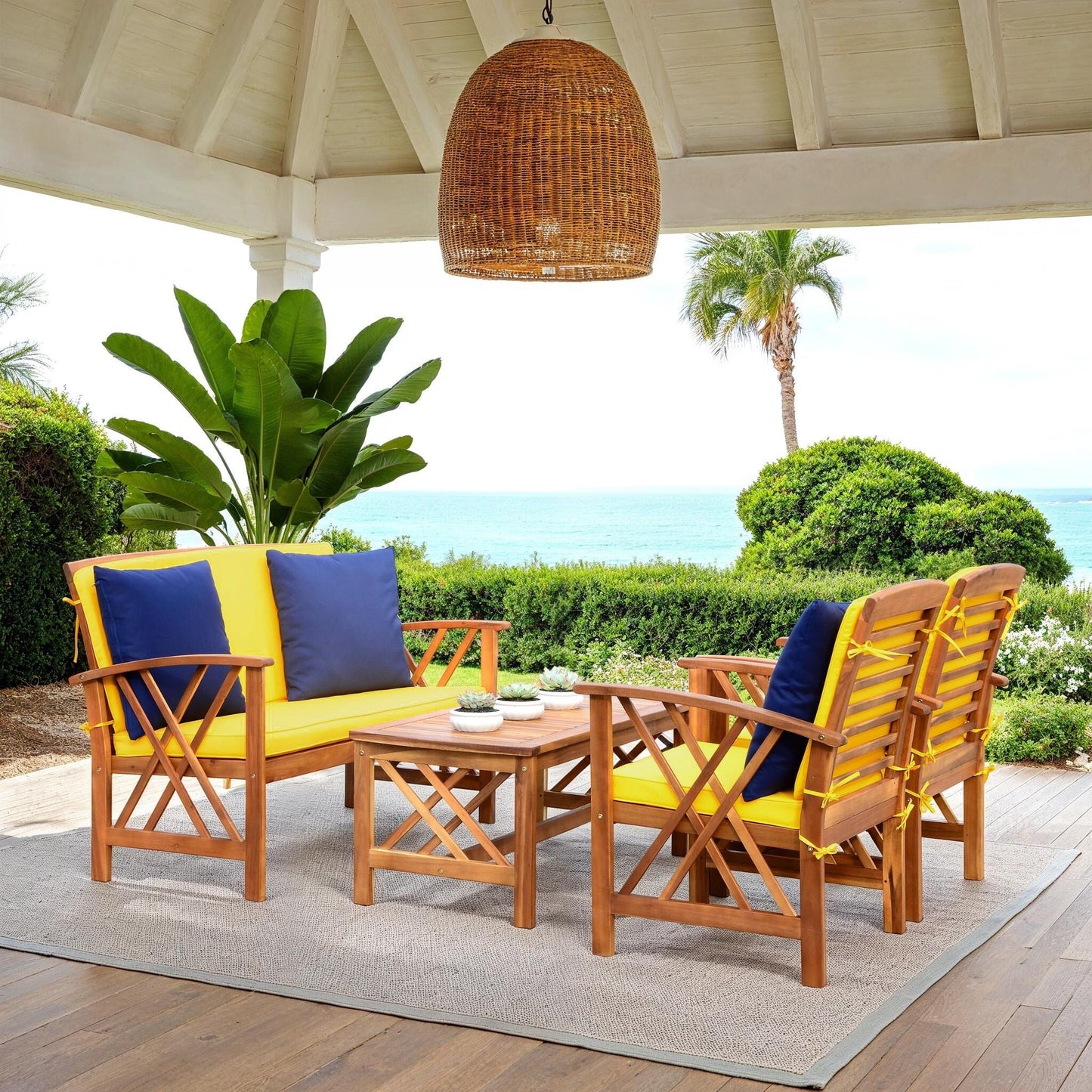 SAFAVIEH Outdoor Nayely 4-Piece Acacia Solid Wood Conversation Patio Set - 47W x 33D x 26H