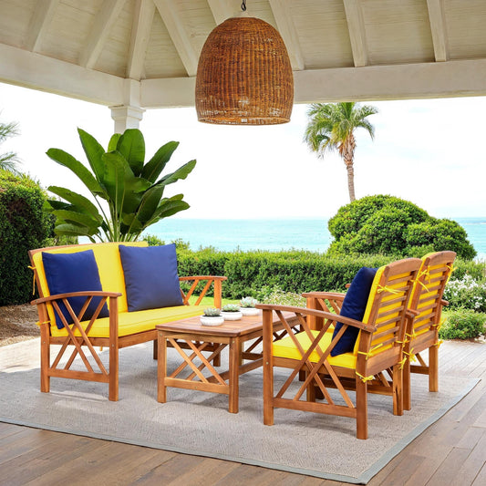 SAFAVIEH Outdoor Nayely 4-Piece Acacia Solid Wood Conversation Patio Set - 47W x 33D x 26H