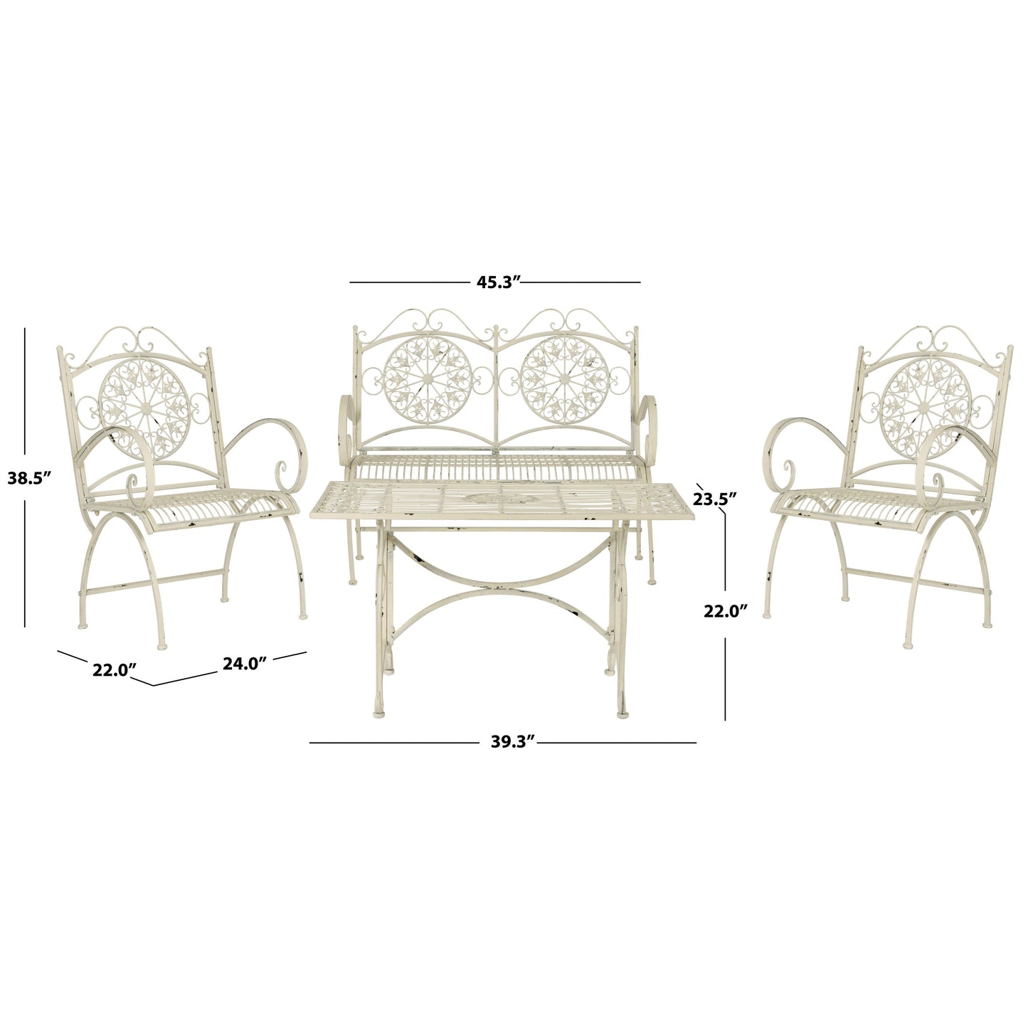 SAFAVIEH Outdoor Nyasia Victorian Scroll Iron 4-Piece Patio Set - 45W x 39D x 22H