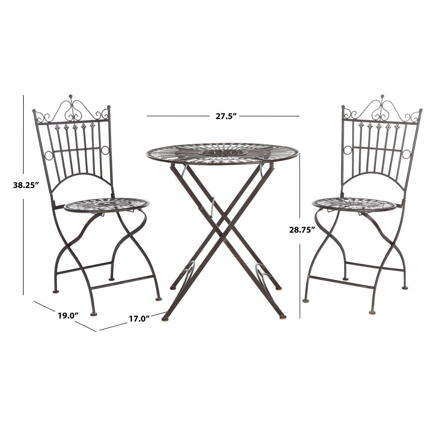 SAFAVIEH Outdoor Saige Victorian Iron 3-Piece Bistro Set - 28Wx28Dx38H