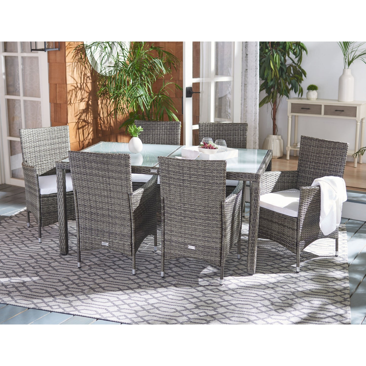 SAFAVIEH Outdoor Snezhana 7-Piece Wicker Dining Set - 59Wx35Dx29H