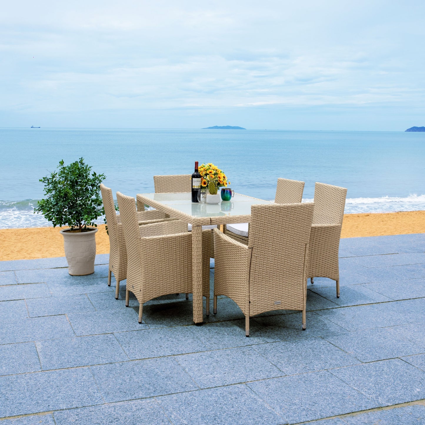 SAFAVIEH Outdoor Snezhana 7-Piece Wicker Dining Set - 59Wx35Dx29H