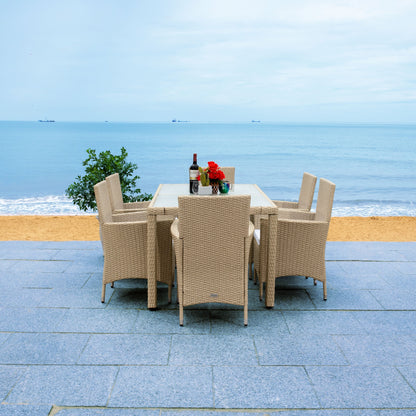 SAFAVIEH Outdoor Snezhana 7-Piece Wicker Dining Set - 59Wx35Dx29H