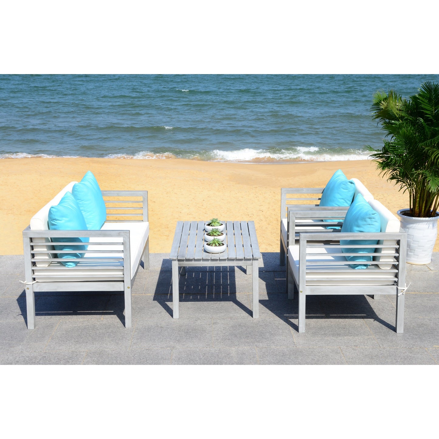 SAFAVIEH Outdoor Yoselin 4-Piece Set with Accent Pillow - 51W x 26D x 26H