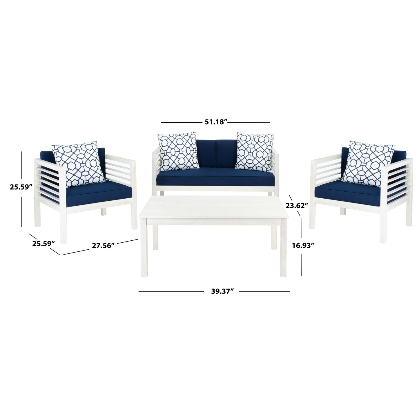 SAFAVIEH Outdoor Yoselin 4-Piece Set with Accent Pillow - 51W x 26D x 26H