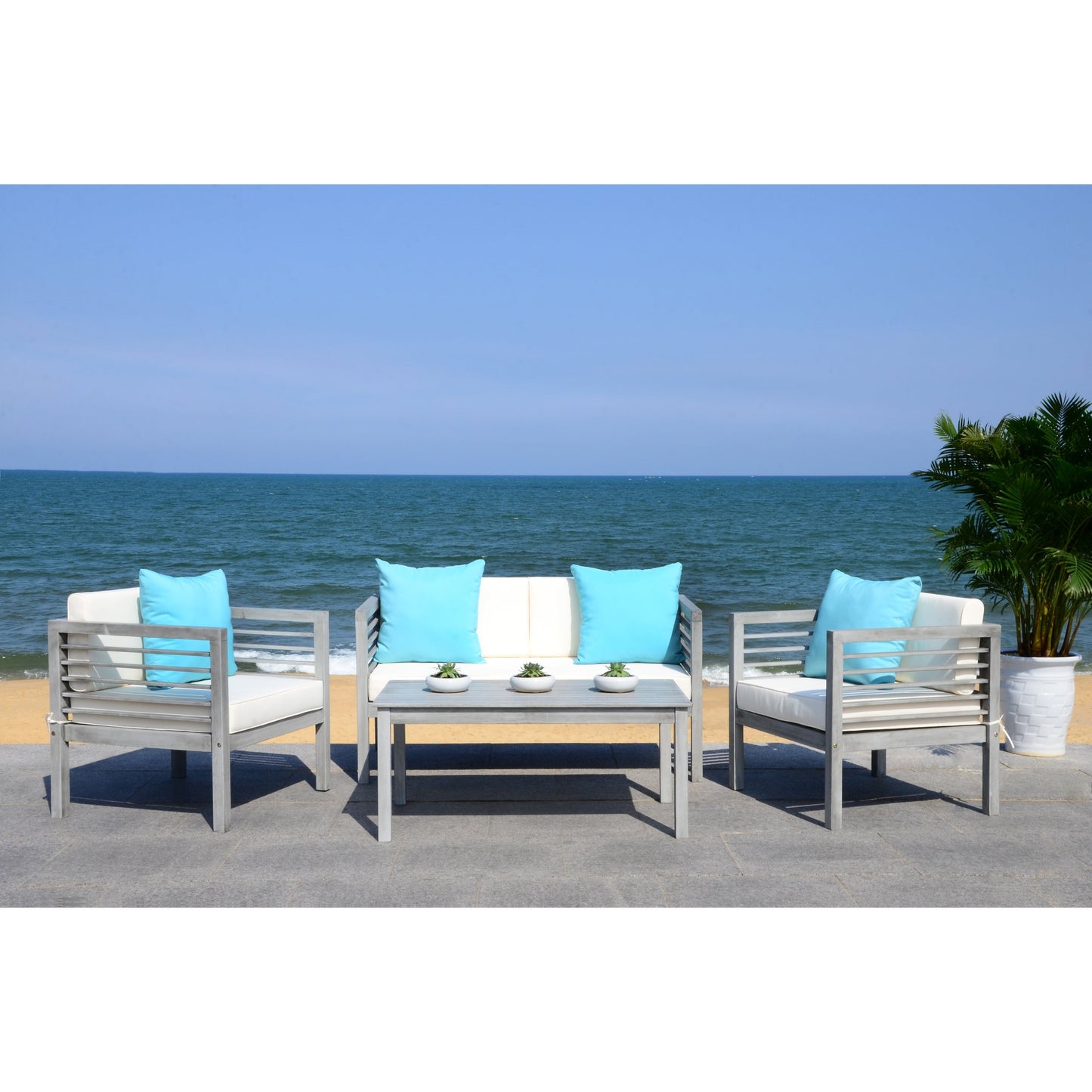 SAFAVIEH Outdoor Yoselin 4-Piece Set with Accent Pillow - 51W x 26D x 26H