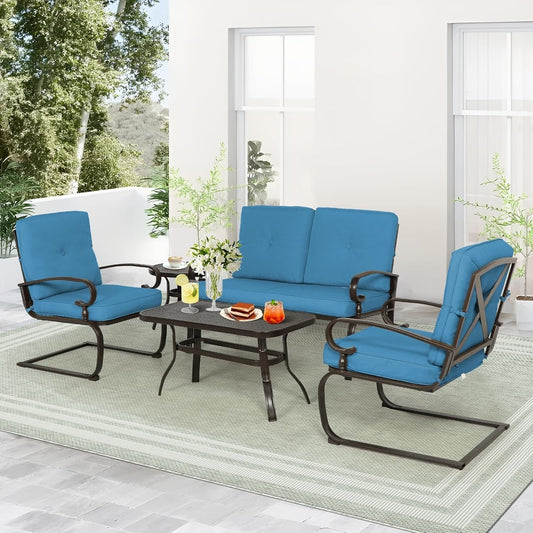 SUNCROWN 5-Piece Outdoor Patio Furniture Conversation Set, Garden Bench and 2 Spring chair with 2 Coffee Table