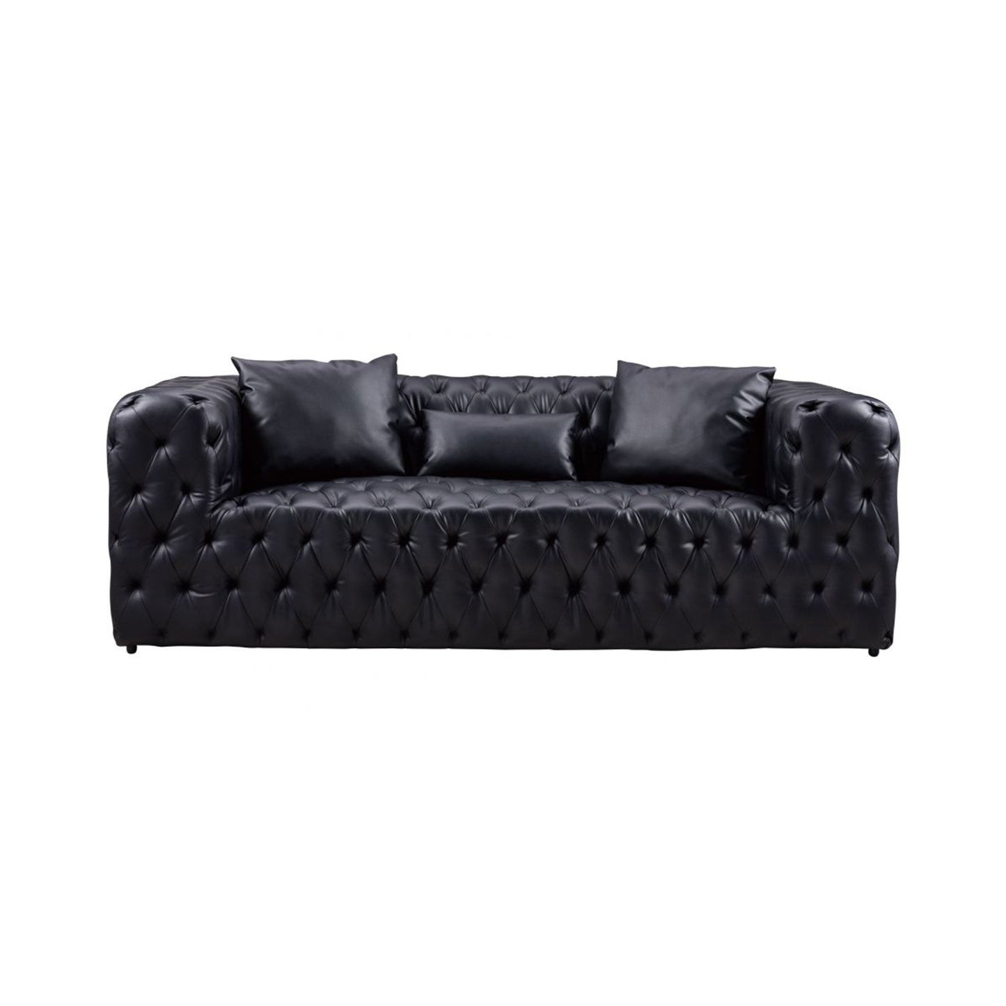 Sam Sofa, Black Tufted Faux Leather, Throw Pillows, Chesterfield, 84 Inch