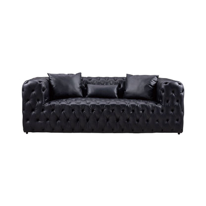 Sam Sofa, Black Tufted Faux Leather, Throw Pillows, Chesterfield, 84 Inch