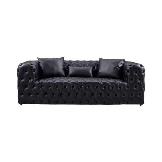 Sam Sofa, Black Tufted Faux Leather, Throw Pillows, Chesterfield, 84 Inch