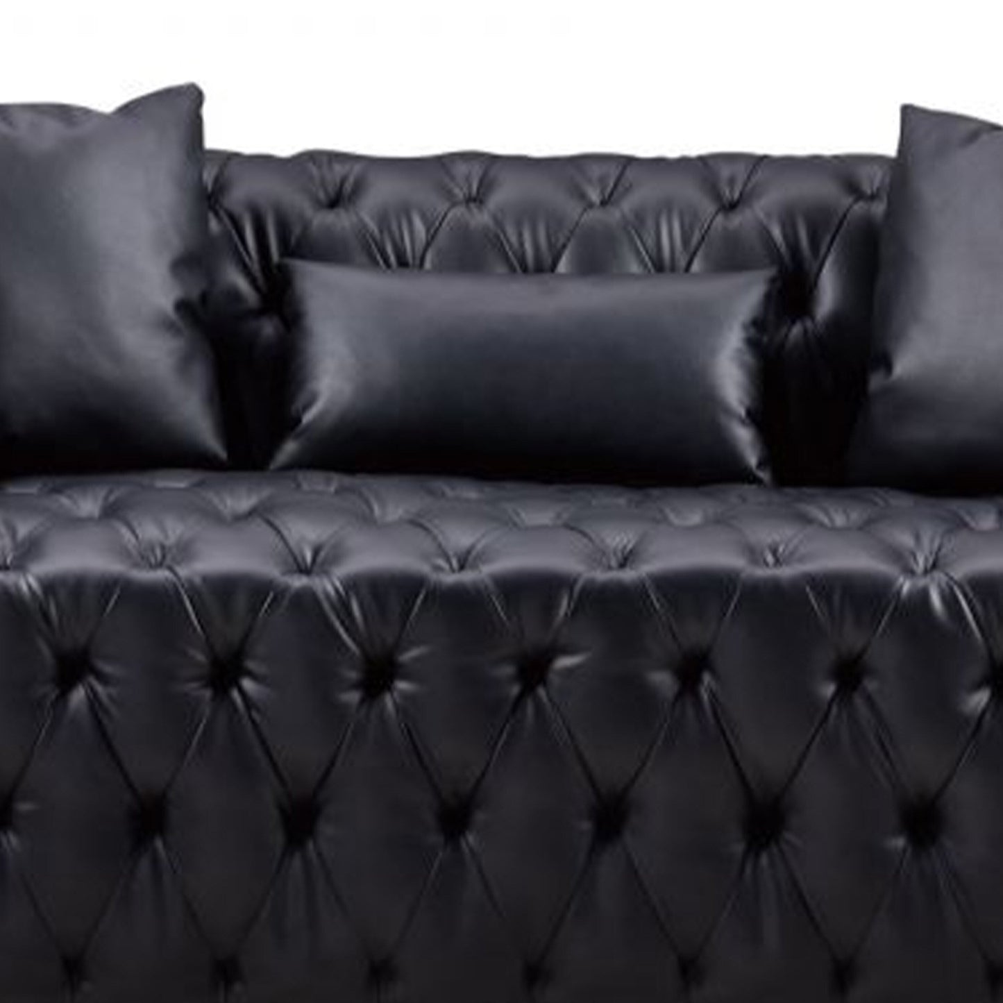 Sam Sofa, Black Tufted Faux Leather, Throw Pillows, Chesterfield, 84 Inch