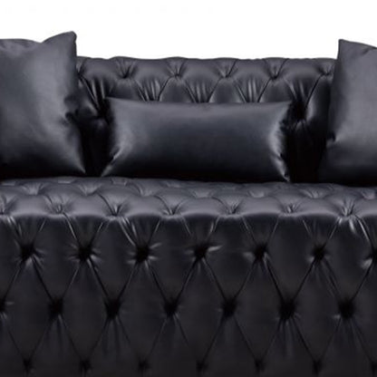 Sam Sofa, Black Tufted Faux Leather, Throw Pillows, Chesterfield, 84 Inch