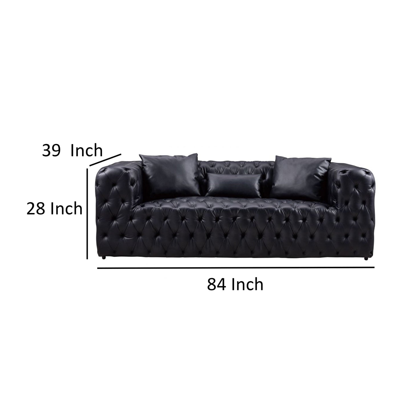 Sam Sofa, Black Tufted Faux Leather, Throw Pillows, Chesterfield, 84 Inch