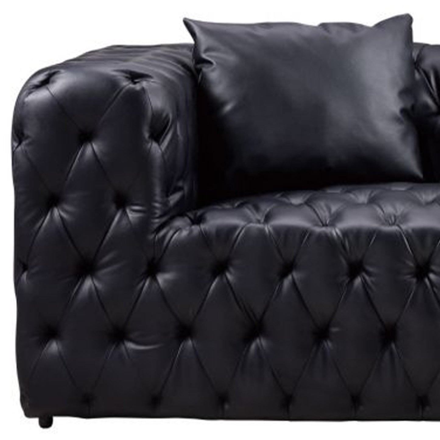 Sam Sofa, Black Tufted Faux Leather, Throw Pillows, Chesterfield, 84 Inch