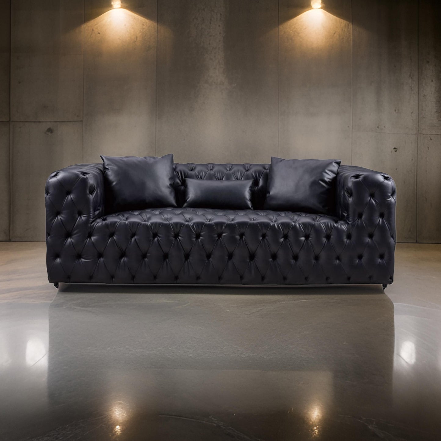 Sam Sofa, Black Tufted Faux Leather, Throw Pillows, Chesterfield, 84 Inch