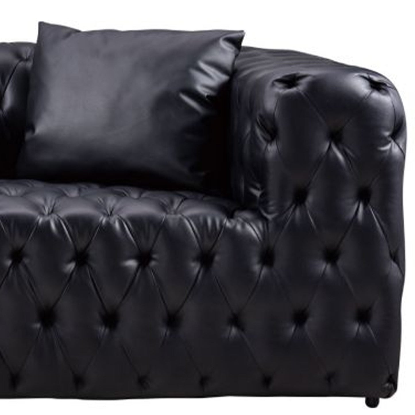 Sam Sofa, Black Tufted Faux Leather, Throw Pillows, Chesterfield, 84 Inch