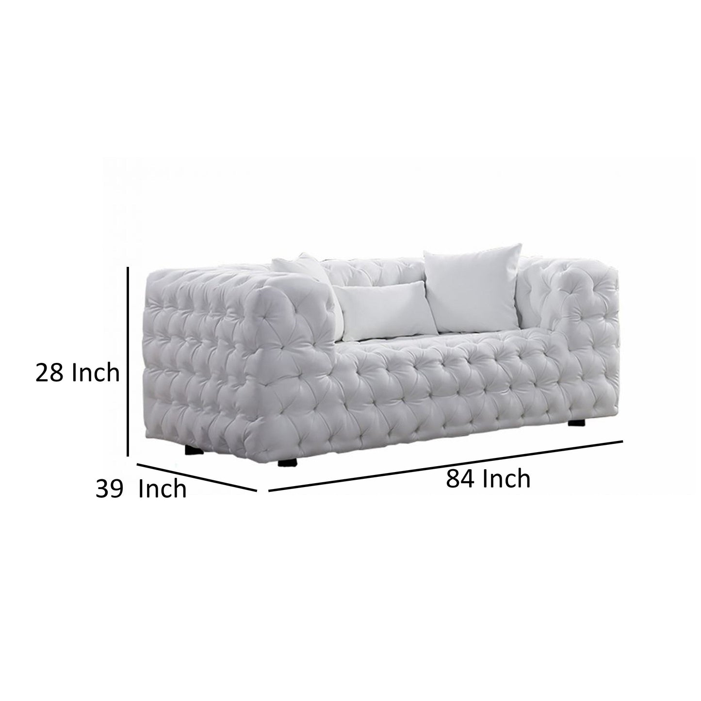Sam Sofa, White Tufted Faux Leather, Throw Pillows, Chesterfield, 84 Inch