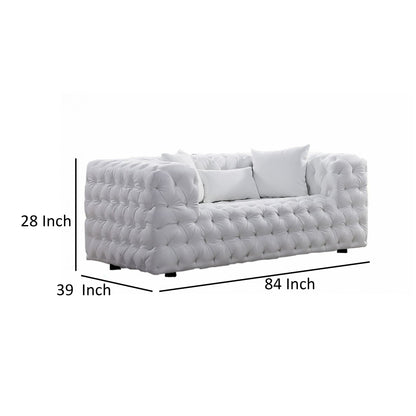 Sam Sofa, White Tufted Faux Leather, Throw Pillows, Chesterfield, 84 Inch