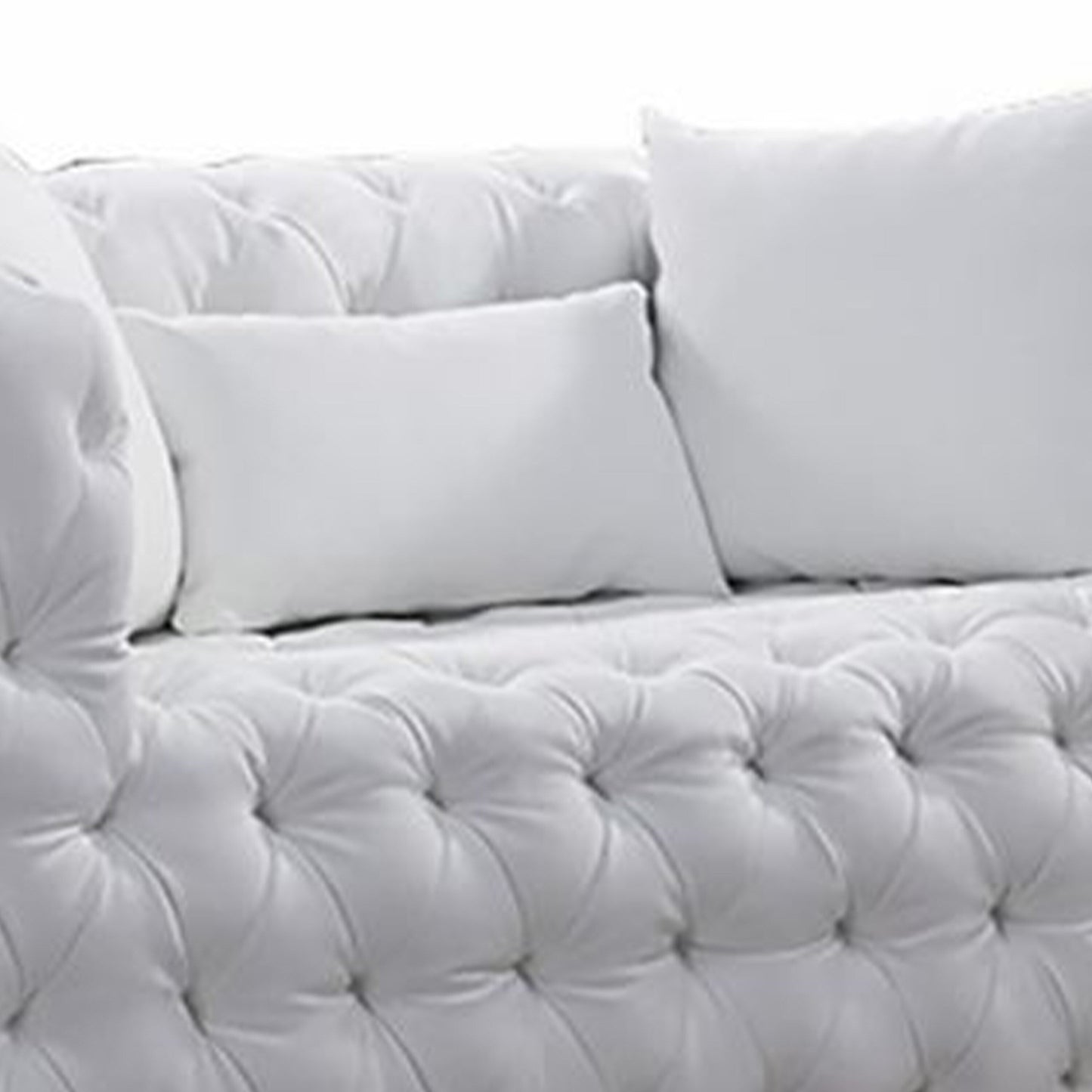Sam Sofa, White Tufted Faux Leather, Throw Pillows, Chesterfield, 84 Inch