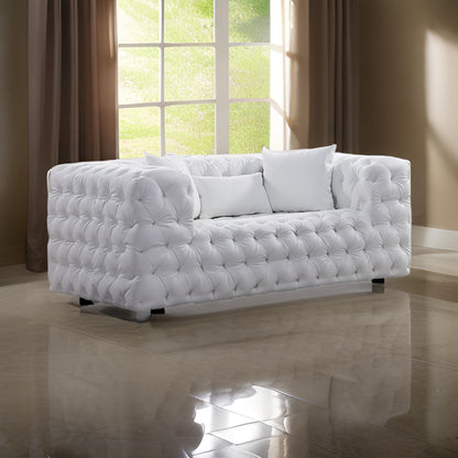 Sam Sofa, White Tufted Faux Leather, Throw Pillows, Chesterfield, 84 Inch
