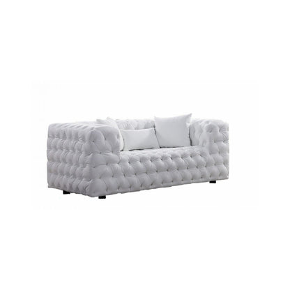 Sam Sofa, White Tufted Faux Leather, Throw Pillows, Chesterfield, 84 Inch