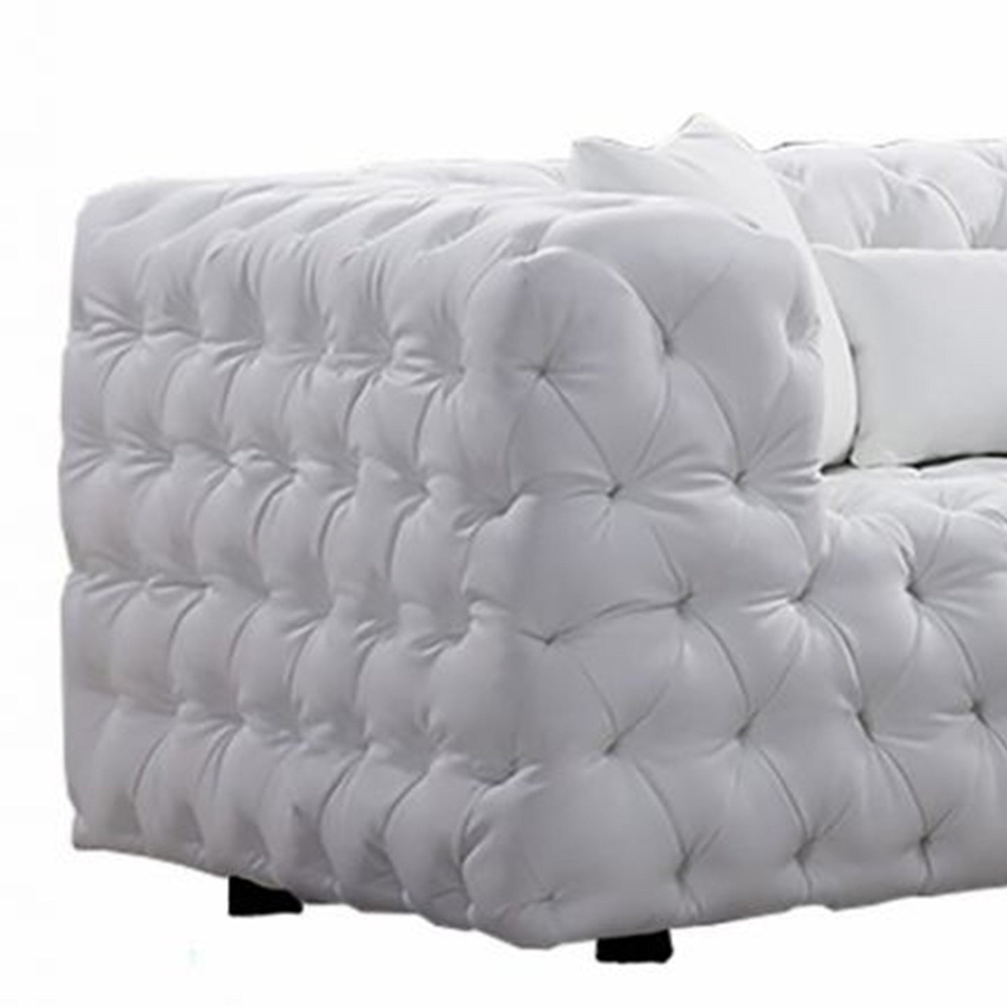 Sam Sofa, White Tufted Faux Leather, Throw Pillows, Chesterfield, 84 Inch