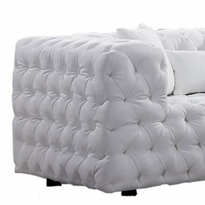 Sam Sofa, White Tufted Faux Leather, Throw Pillows, Chesterfield, 84 Inch
