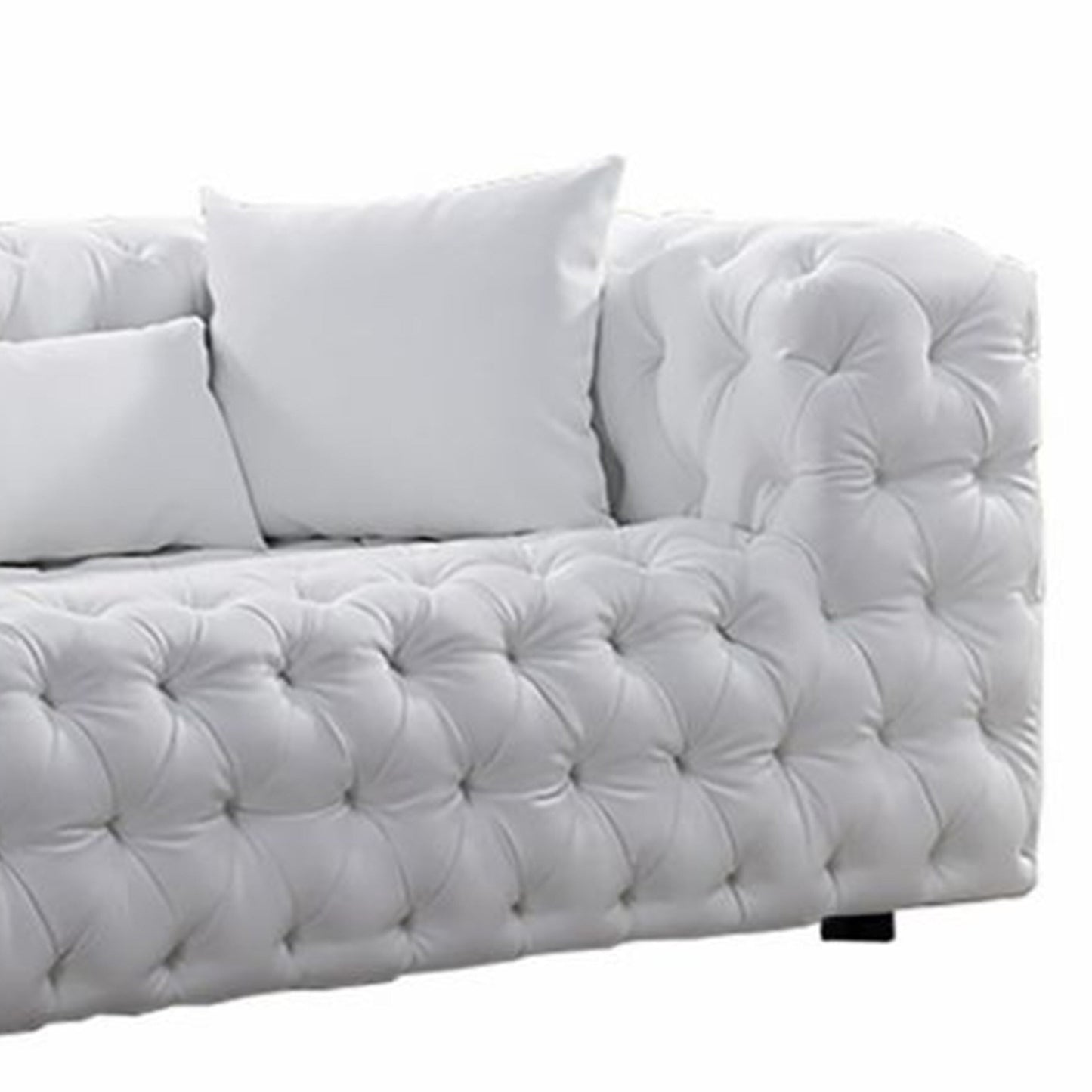 Sam Sofa, White Tufted Faux Leather, Throw Pillows, Chesterfield, 84 Inch