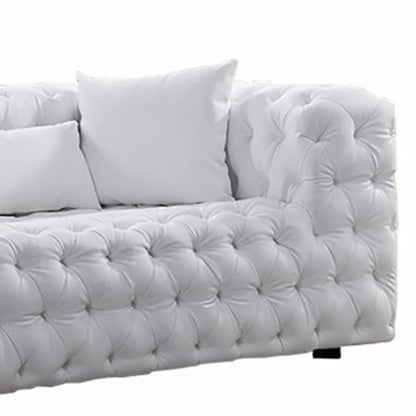 Sam Sofa, White Tufted Faux Leather, Throw Pillows, Chesterfield, 84 Inch