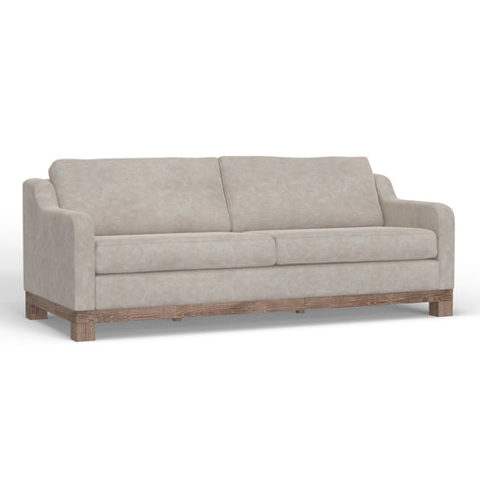 Sama 91 Inch Sofa, 2 Accent Pillows, Solid Pine Wood, White Fabric