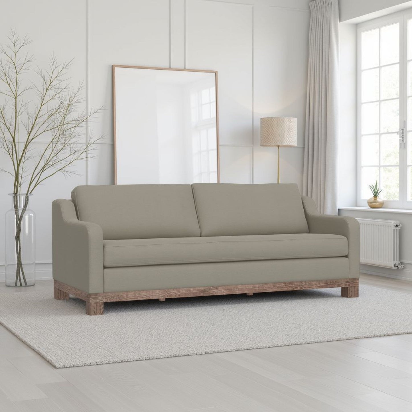Sama Sofa, 2 Pillows, 91 Inch, Bench Style Seat, Almond Gray Polyester